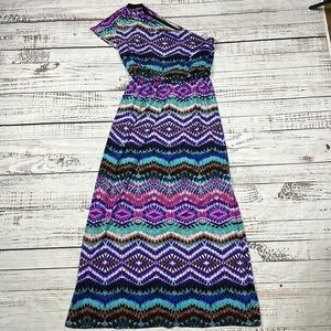 Maggie London geometric multicolor one shoulder maxi dress size 8